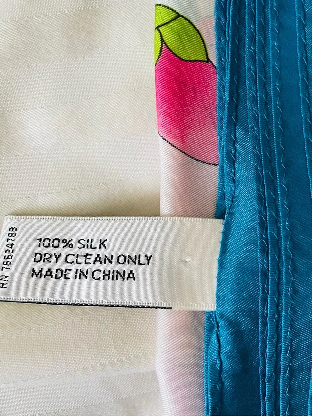 Adrienne Landau Floral Silk Scarf in White, Pink & Yellow with Blue Trim